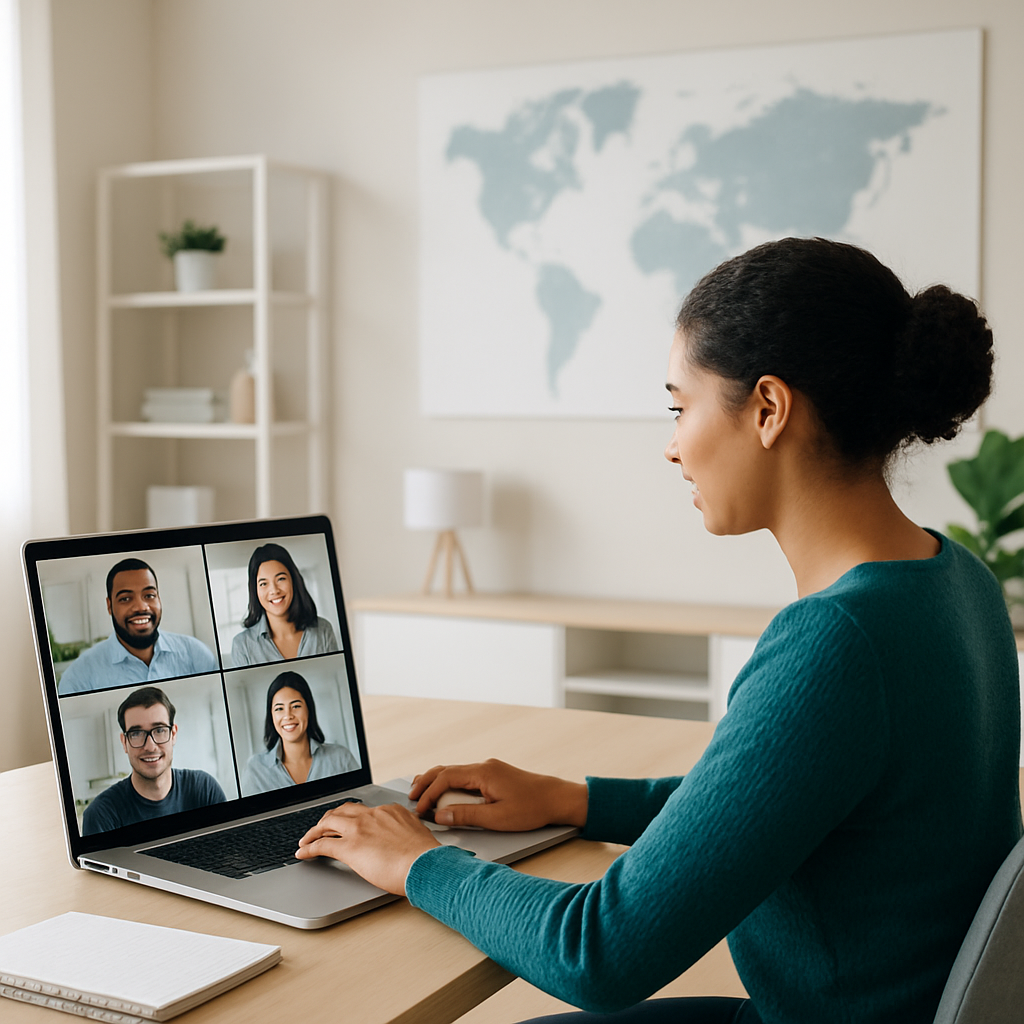 Time de software distribuído colaborando em uma chamada de vídeo