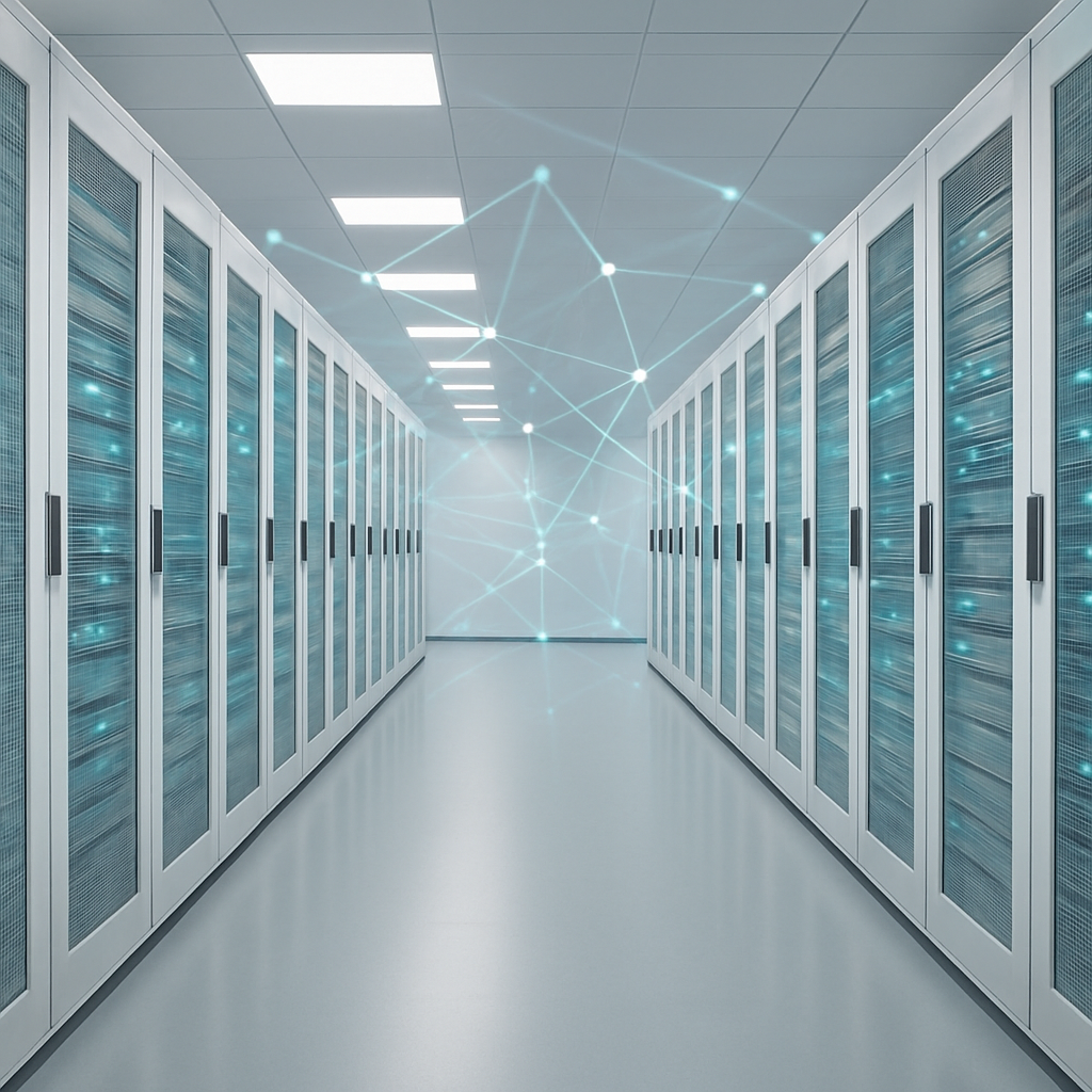 Data center moderno com servidores e iluminação azul representando infraestrutura em nuvem
