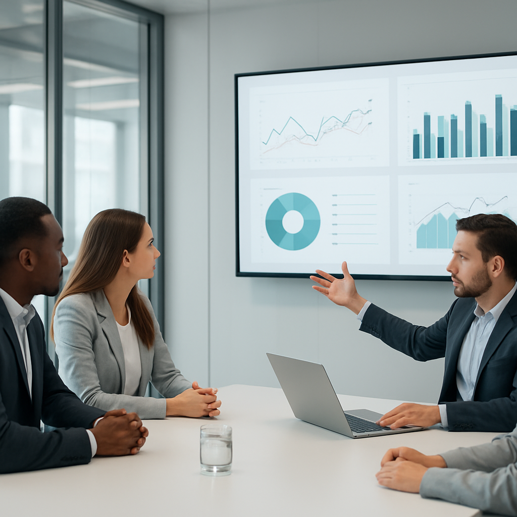 Equipe corporativa analisando dashboards de um sistema web empresarial