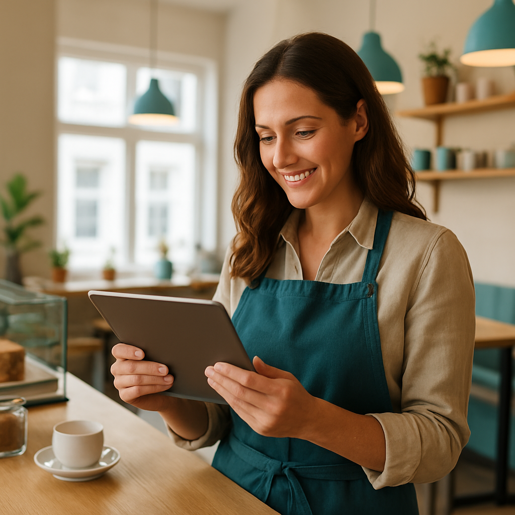 Empresário de pequeno negócio visualizando um website em um tablet