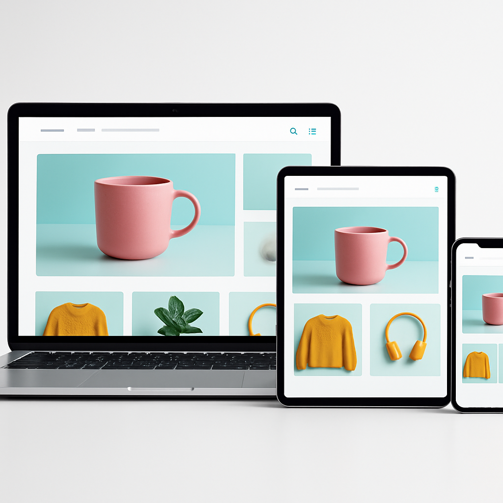 Aplicação web responsiva exibida em laptop, tablet e smartphone